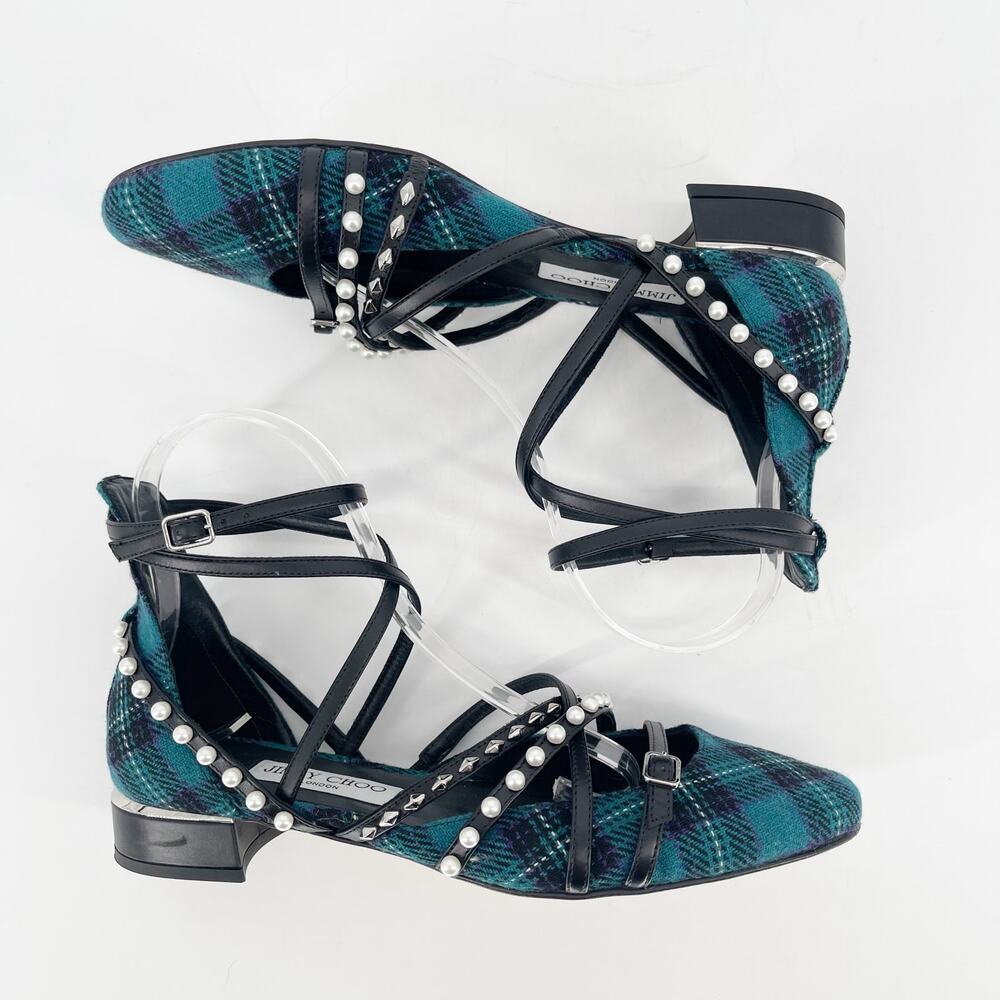 Jimmy Choo Celestia 25 Peacock Tartan Pearl Studded Mary Jane Flats IT 37.5 - Picture 3 of 13